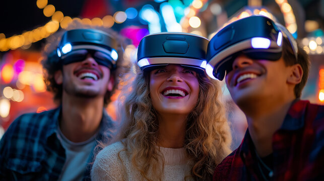 Friends playing in virtual reality arcade, neon lights and excitement, futuristic experience, gaming technology, laughter and amazement, innovation and fun, immersive entertainment - Powered by Adobe