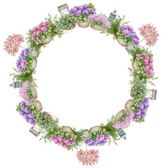 Watercolor illustration of a round flower frame. Ornamental trees, shrubs, and potted flowers. For the design of products of the garden industry - fertilizers, planters, ornamental plants
