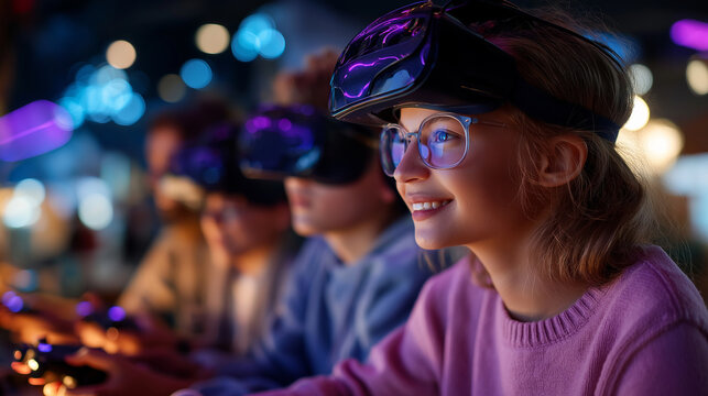 Teenagers gaming at virtual reality center, neon glow and teamwork, friendship and excitement, technology and joy, immersive play, futuristic lifestyle, entertainment and bonding,  - Powered by Adobe