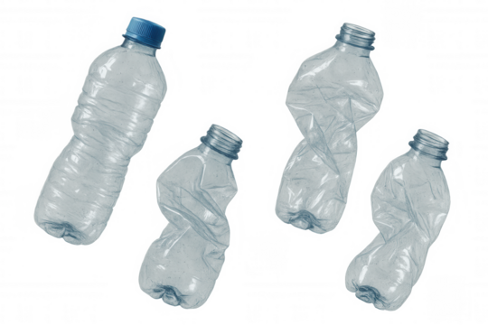 Crumpled plastic bottles on transparent background representing environmental waste and recycling concept - Powered by Adobe