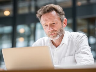 Busy mature middle aged professional businessman executive using laptop at work. 50 years old business man company manager investor working on computer technology sitting at office desk. Vertical