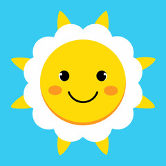 Smiling sun with white frills on a blue background