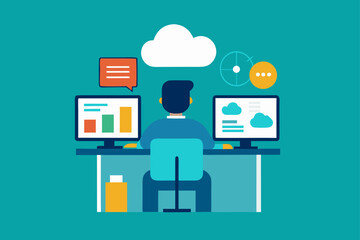 Person working at desk with two computer monitors