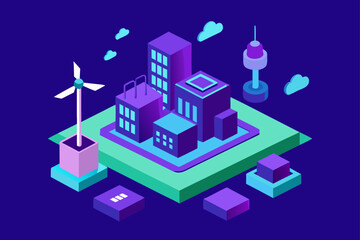 Isometric city with wind turbine and tower view art