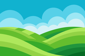 Obraz premium Illustration of green hills under a cloudy blue sky