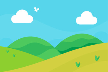 Obraz premium Cartoon landscape with hills clouds and a butterfly