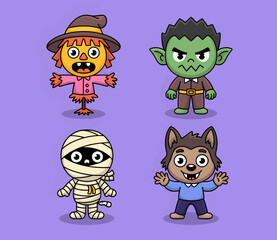 Fototapeta premium Four cute cartoon Halloween characters including a scarecrow, a green monster, a mummy, and a werewolf on a purple background.