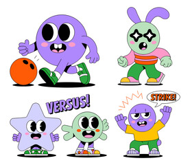 Naklejka premium Four colorful and expressive cartoon characters in a fun, retro-inspired illustration, featuring bowling and playful scenes.