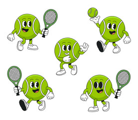 Obraz premium Five cartoon tennis ball characters with faces, arms, and legs, in various dynamic poses, some holding rackets, on a white background.