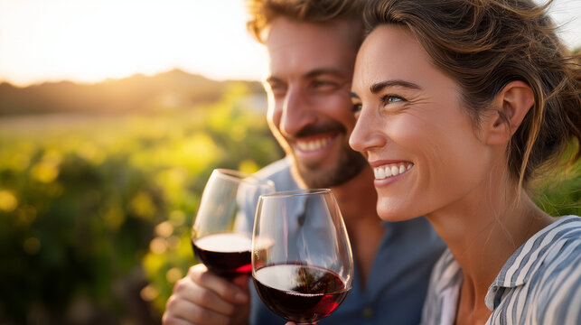 Couple enjoying wine tasting tour at vineyard, sunlight and vineyards in background, elegance and laughter, sensory experience, lifestyle leisure, romantic moment, cultural joy, wi - Powered by Adobe
