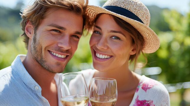 Couple enjoying wine tasting tour at vineyard, sunlight and vineyards in background, elegance and laughter, sensory experience, lifestyle leisure, romantic moment, cultural joy, wi