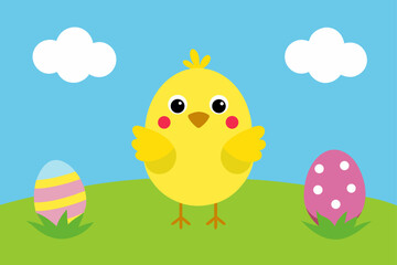Cartoon easter chick with eggs and clouds in spring