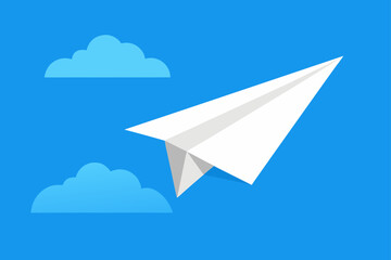 Paper airplane flying past a cloud towards the sun