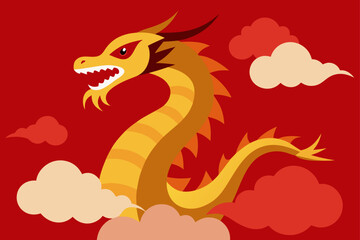 Illustration of a golden dragon with red background