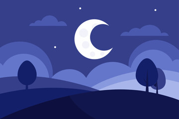 Illustration of night landscape with moon and trees