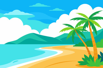 Tropical beach with palm trees and mountains view