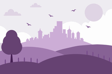 Fototapeta premium A cityscape silhouette with birds and hills view