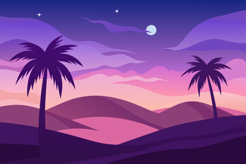 Illustration of palm trees and sunset landscape