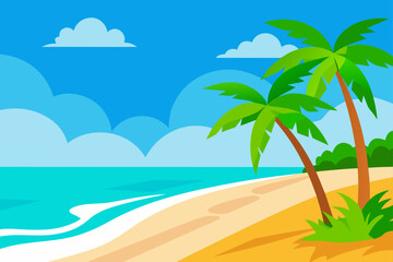 Cartoon beach scene with palm trees and cloudy sky
