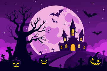 Halloween night with haunted house and full moon view