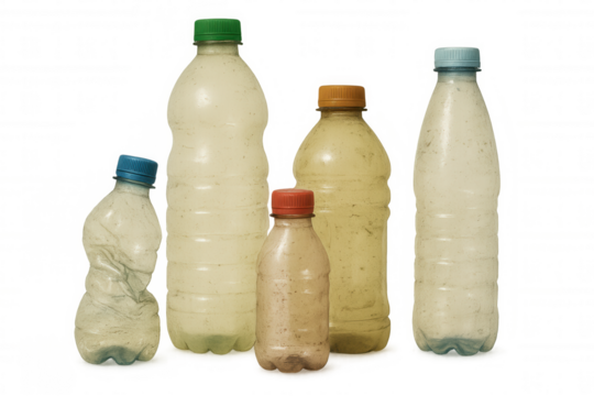 Plastic bottles showing environmental pollution and waste problem, needing recycling and sustainable solutions, transparent background