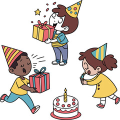 Joyful children celebrating a birthday party with presents and cake fun moments isolated on transparent background