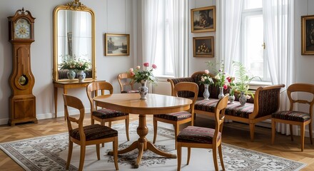 Fototapeta premium Elegant dining room with vintage charm and floral accents, perfect for sophisticated lifestyle brands and home decor inspiration, beautiful interior setting