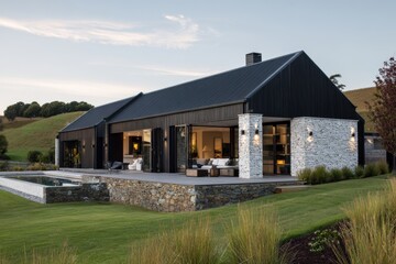 Obraz premium A contemporary black farmhouse featuring stunning stone accents is beautifully framed by a tranquil landscape, all enveloped in the warm glow of golden hour in a picturesque rural setting