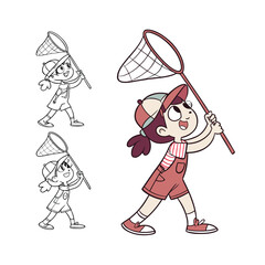 Joyful child holding a butterfly net ready for outdoor adventure isolated on transparent background