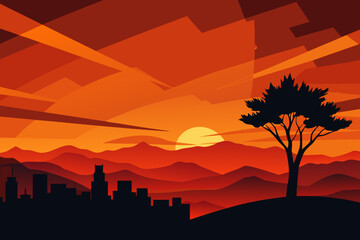 Silhouette of city and tree at a vibrant sunset time © DJ