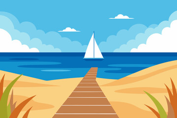 Sailboat on the sea seen from a wooden pier on beach