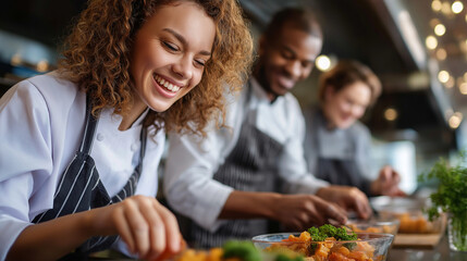 Chef teaching cooking class of foreign cuisine, bright kitchen light, participants laughing, learning and tasting, culinary culture, food education, teamwork and fun, creative joy,