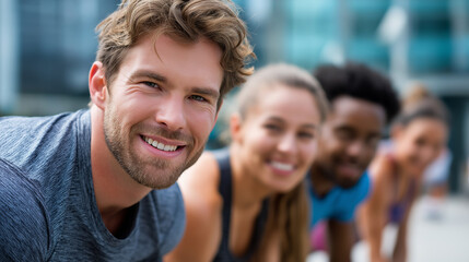 Obraz premium People joining fitness challenge outdoors, teamwork and energy, smiling faces, health motivation, sports community, determination and achievement, active lifestyle, group success, 