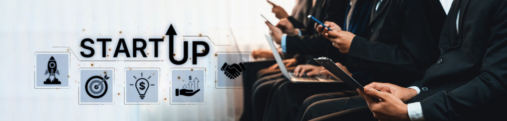 Concept of a new startup business venture. The process includes innovation, setting targets,...