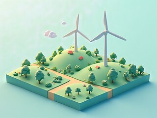 アイソメトリック, 風力発電, 風車, 3d, 建築, 風景, 景色, 木, ビジネス, 環境問題, 森, 緑, イラスト, 空, 自然, デザイン、エコ、電力、エネルギー、パワー、