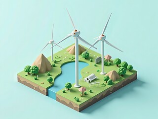 アイソメトリック, 風力発電, 風車, 3d, 建築, 風景, 景色, 木, ビジネス, 環境問題, 森, 緑, イラスト, 空, 自然, デザイン、エコ、電力、エネルギー、パワー、
