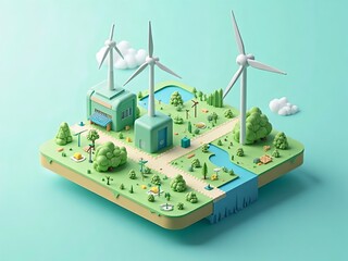 アイソメトリック, 風力発電, 風車, 3d, 建築, 風景, 景色, 木, ビジネス, 環境問題, 森, 緑, イラスト, 空, 自然, デザイン、エコ、電力、エネルギー、パワー、