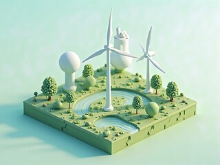 アイソメトリック, 風力発電, 風車, 3d, 建築, 風景, 景色, 木, ビジネス, 環境問題, 森, 緑, イラスト, 空, 自然, デザイン、エコ、電力、エネルギー、パワー、