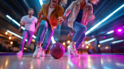 Friends bowling at neon-lit alley, laughter and celebration, dynamic motion, casual fun, weekend leisure, friendship and competition, indoor entertainment, lifestyle connection, wi