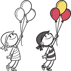 Joyful child holding colorful balloons towards celebration with friends outdoors isolated on transparent background