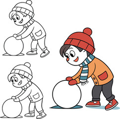 Charming cartoon child in winter attire playing outdoors with snowflakes falling gently isolated on transparent background