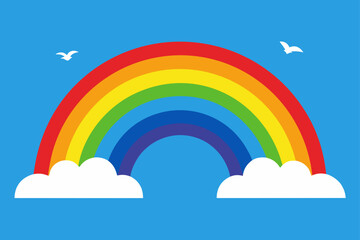 Colorful rainbow with clouds and birds on blue sky