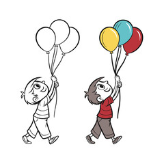 Joyful child holding colorful balloons walking towards a brighter future isolated on transparent background