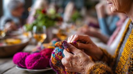 Obraz premium Elderly women attending quilting bee, hands sewing colorful fabrics, cozy atmosphere, friendship and creativity, tradition and craft, storytelling and connection, heritage art, joy