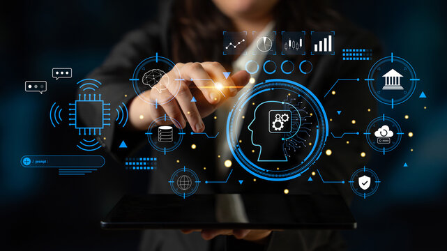 An advanced AI system for business and financial analysis. A futuristic interface for commanding an AI to process data from various domains. Motif - Powered by Adobe