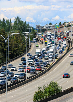 Traffic jam during the evening commute on Interstate 5 Near Seattle downtown, Washington State.