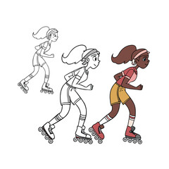 Dynamic roller skating girl in action with colorful outfit and athletic stance isolated on transparent background