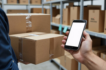 Warehouse worker's hand holding smartphone with blank white screen for mockup in front of packages. Logistics and delivery service concept for tracking orders, inventory management, and e-commerce