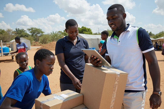 Humanitarian aid worker using tablet to distribute food and supplies to African family in rural village. Concept of charity, non-profit organization, and technology helping communities in need
