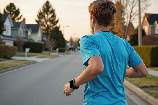 Young man running on street through quiet suburban neighborhood at sunset for evening workout. Active lifestyle concept of jogging for fitness, cardiovascular health, and marathon training - Powered by Adobe